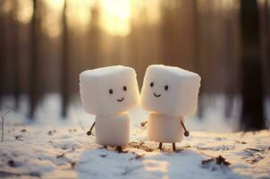 ai generato Due marshmallow Gli amanti a piedi nel il neve nel inverno foto