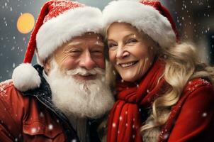 ai generato bellissimo nero Riccio donna nel Santa cappello contro sfondo di Natale albero foto