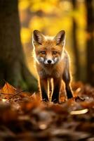 ai generato rosso Volpe nel il autunno foresta. bellissimo selvaggio animale nel natura. foto