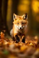 ai generato rosso Volpe nel il autunno foresta. bellissimo selvaggio animale nel natura. foto