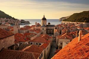 ai generato dubrovnik vecchio cittadina nel Croazia a tramonto, dalmazia regione di Croazia, un' panoramico Visualizza di il murato città, dubrovnik, Croazia, ai generato foto