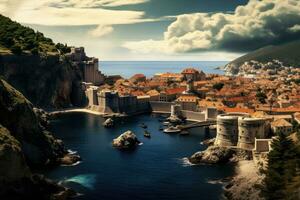 ai generato dubrovnik vecchio cittadina panorama nel Croazia. dubrovnik è un' popolare turista destinazione nel Croazia, un' panoramico Visualizza di il murato città, dubrovnik, Croazia, ai generato foto