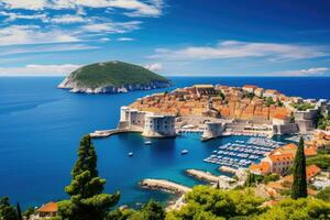 ai generato aereo Visualizza di dubrovnik vecchio cittadina e Adriatico mare, Croazia, un' panoramico Visualizza di il murato città, dubrovnik, Croazia, ai generato foto