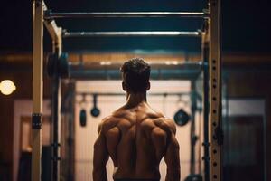 ai generato indietro Visualizza di giovane muscolare uomo in piedi a il CrossFit palestra, un' uomo formazione a il Palestra fitness club a anelli, indietro Visualizza, ai generato foto