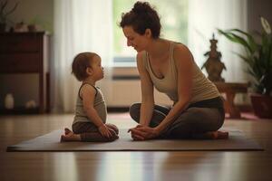 ai generato madre e bambino fare yoga nel vivente camera a casa. genitore e bambino esercizio insieme, un' mamma praticante yoga nel balasana posa con sua bambino, ai generato foto