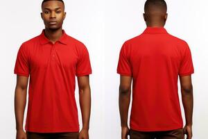 ai generato davanti e indietro visualizzazioni di un' giovane africano americano uomo indossare un' rosso polo camicia, un' maschio modello indossare un' semplice rosso polo camicia su un' bianca sfondo, con davanti e indietro visualizzazioni, ai generato foto