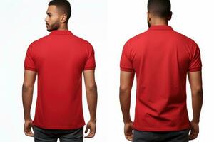 ai generato vuoto rosso polo maglietta modello, davanti e indietro Visualizza, un' maschio modello indossare un' semplice rosso polo camicia su un' bianca sfondo, con davanti e indietro visualizzazioni, ai generato foto