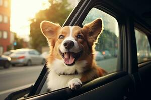 ai generato carino corgi cane guardare su di il auto finestra e sorridente, carino contento cane guardare su di auto finestra, ai generato foto