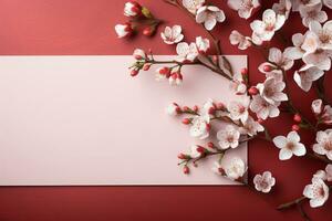 ai generato vuoto foglio per Congratulazioni con un' sakura ramo su rosso sfondo. congratulazioni sfondo foto