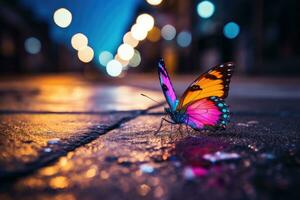 ai generato bellissimo farfalla su il strada con colorato bokeh luci, colorato farfalla su il marciapiede di un' occupato strada a notte, catturato attraverso macro fotografia con poco profondo, ai generato foto