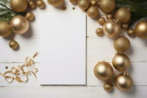 ai generato Natale sfondo con vuoto carta e d'oro decorazioni su un' di legno tavolo. foto