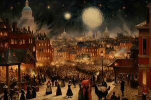 ai generato digitale pittura di un' Natale scena nel il vecchio cittadina di Londra, un' gioioso folla e nuovo anni vigilia fuochi d'artificio, ai generato foto