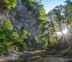 bella foresta e fiume di montagna nel canyon di psakho, Krasnodar Krai, Russia. foto