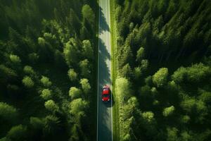 ai generato aereo Visualizza di un' rosso auto su il strada nel il foresta, aereo Visualizza di un' rosso auto con un' tetto cremagliera su un' verde estate foresta nazione strada nel Finlandia, ai generato foto