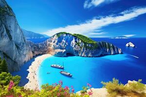 ai generato navagio spiaggia nel Zante isola, Grecia, sorprendente navagio spiaggia nel Zante isola, Grecia, ai generato foto