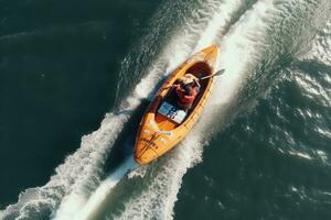 ai generato aereo Visualizza di un' uomo nel un' kayak paddling nel il mare, aereo dall'alto al basso Visualizza di slalom fatto di un' velocità barca su un' kayak andare in barca istruzione, ai generato foto