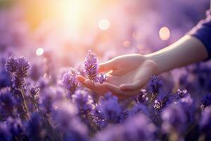 ai generato lavanda fiore fioritura i campi nel infinito righe. tramonto sparo. foto