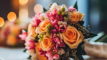 ai generato bellissimo fiore mazzo per esprimere amore nel un' San Valentino giorno, anniversario, casuale Data, romantico cena, nozze cerimonia, tavolo ricezione o speciale amore evento. foto