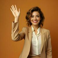 ai generato foto di il sorridente donna agitando sua mano su un' oro sfondo. alto qualità. ai generativo