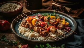 ai generato un' buongustaio messicano pasto con grigliato carne, fresco la verdura, e salsa generato di ai foto