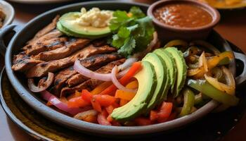 ai generato un' buongustaio messicano pasto con grigliato carne, fresco la verdura, e salsa generato di ai foto