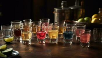 ai generato cocktail bicchiere pieno con colorato fruttato Tequila, rinfrescante estate bevanda generato di ai foto