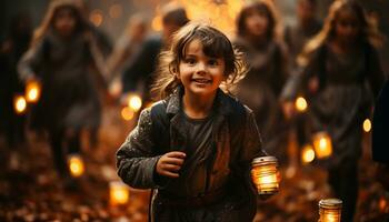 ai generato sorridente uomo, illuminato città, fiducioso, godendo vita notturna, guardare a telecamera generato di ai foto