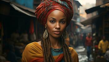 ai generato africano donna sorridente, godendo città vita notturna, spensierato e fiducioso generato di ai foto