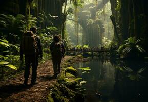 ai generato ecoturisti esplorando un' lussureggiante foresta pluviale foto