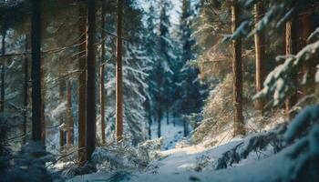 ai generato foresta bellissimo naturale scenario con pino alberi e selvaggio fiori selettivo messa a fuoco foto