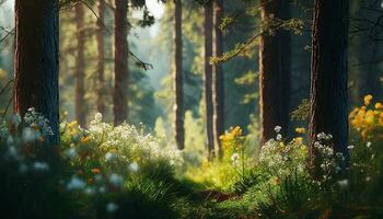 ai generato foresta bellissimo naturale scenario con pino alberi e selvaggio fiori selettivo messa a fuoco foto