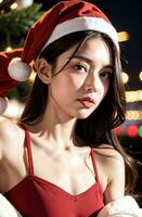 ai generato ai generativo bellissimo ragazza nel Santa Claus Abiti al di sopra di Natale sfondo foto