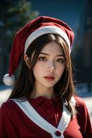 ai generato ai generativo bellissimo ragazza nel Santa Claus Abiti al di sopra di Natale sfondo foto