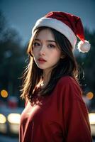 ai generato ai generativo bellissimo ragazza nel Santa Claus Abiti al di sopra di Natale sfondo foto