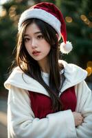 ai generato ai generativo bellissimo ragazza nel Santa Claus Abiti al di sopra di Natale sfondo foto