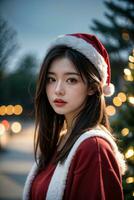 ai generato ai generativo bellissimo ragazza nel Santa Claus Abiti al di sopra di Natale sfondo foto