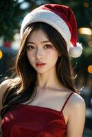 ai generato ai generativo bellissimo ragazza nel Santa Claus Abiti al di sopra di Natale sfondo foto