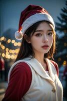 ai generato ai generativo bellissimo ragazza nel Santa Claus Abiti al di sopra di Natale sfondo foto