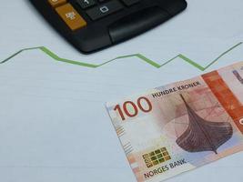 Banconota norvegese e calcolatrice su sfondo con linea verde di tendenza in aumento
