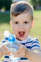 gioioso bambino bevande chiaro acqua a partire dal un' bottiglia su un' soleggiato giorno nel natura foto