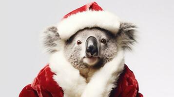 ai generato carino koala rosso Santa cappello sfondo neve cartolina soffice animali regalo rosso inverno foto