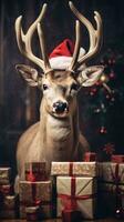 ai generato carino cervo rosso Santa cappello sfondo neve cartolina soffice animali regalo rosso inverno foto
