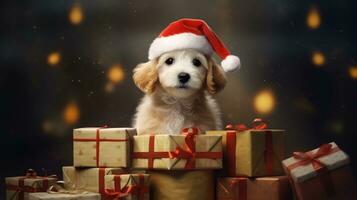 ai generato carino cane rauco lupo cucciolo con Natale regalo scatole concetto foto manifesto allegro presente rosso nuovo anno