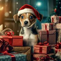 ai generato carino cane rauco lupo cucciolo con Natale regalo scatole concetto foto manifesto allegro presente rosso nuovo anno