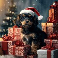 ai generato carino cane rauco lupo cucciolo con Natale regalo scatole concetto foto manifesto allegro presente rosso nuovo anno