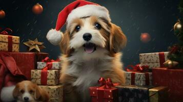 ai generato carino cane rauco lupo cucciolo con Natale regalo scatole concetto foto manifesto allegro presente rosso nuovo anno