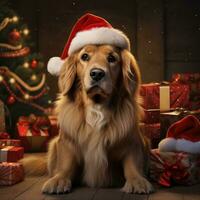 ai generato carino cane rauco lupo cucciolo con Natale regalo scatole concetto foto manifesto allegro presente rosso nuovo anno