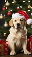 ai generato carino cane cucciolo cane da riporto con Natale regalo scatole concetto foto manifesto allegro presente rosso nuovo anno