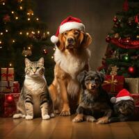 ai generato carino cane cucciolo cane da riporto con Natale regalo scatole concetto foto manifesto allegro presente rosso nuovo anno