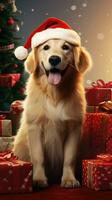 ai generato carino cane rauco lupo cucciolo con Natale regalo scatole concetto foto manifesto allegro presente rosso nuovo anno